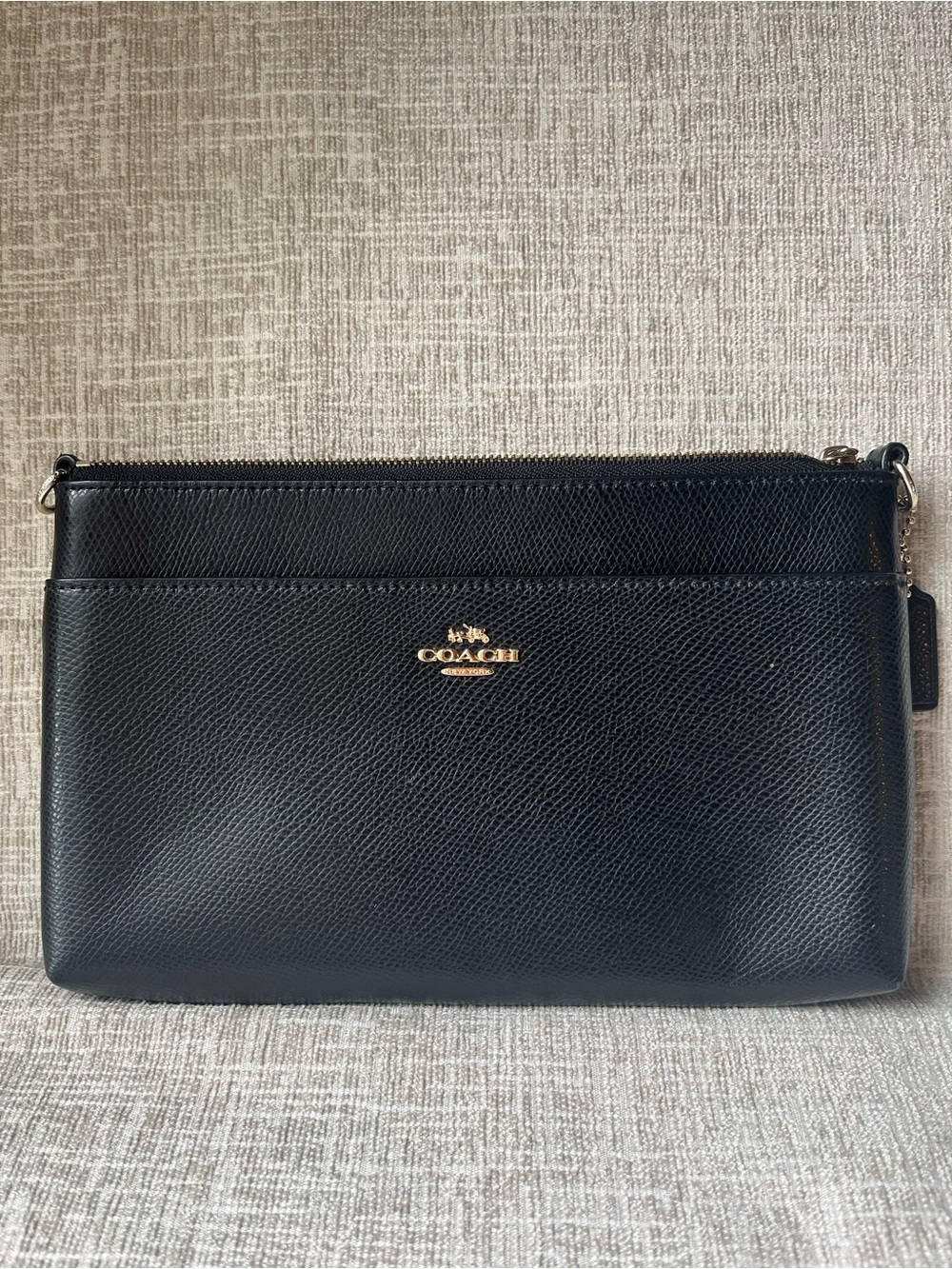 Coach Black Textured Leather Zip Clutch Gold Tone Hardware No Strap Wristlet